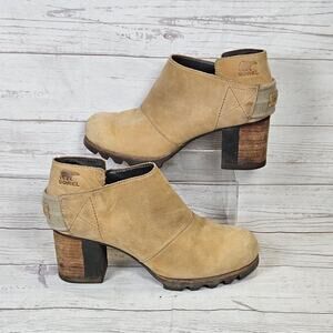 SOREL Addington Strap Booties Women's 7.5 Camel Tan Nubuck Heeled Ankle Boots